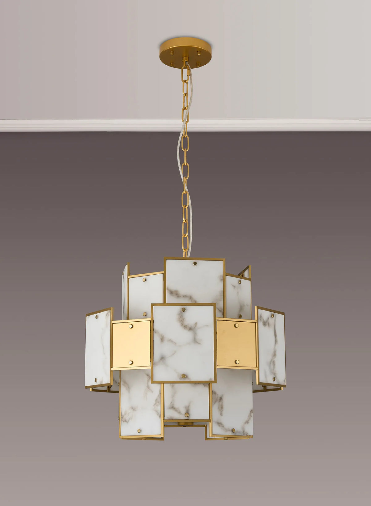 Fabula Wells Round /Semi Flush Faux Alabaster & Metal Pendant Light – Gold & Grey