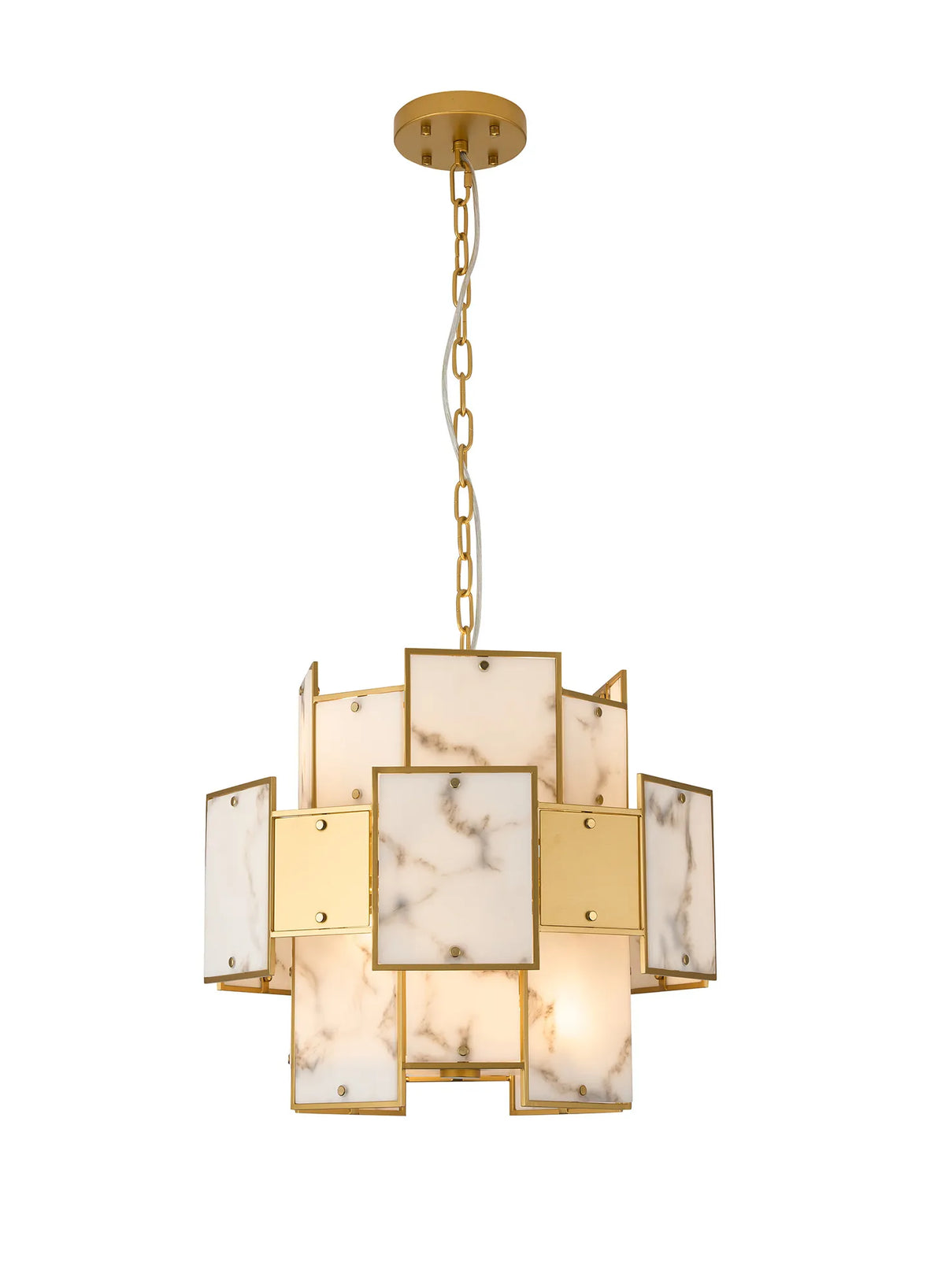 Fabula Wells Round /Semi Flush Faux Alabaster & Metal Pendant Light – Gold & Grey 45 cm