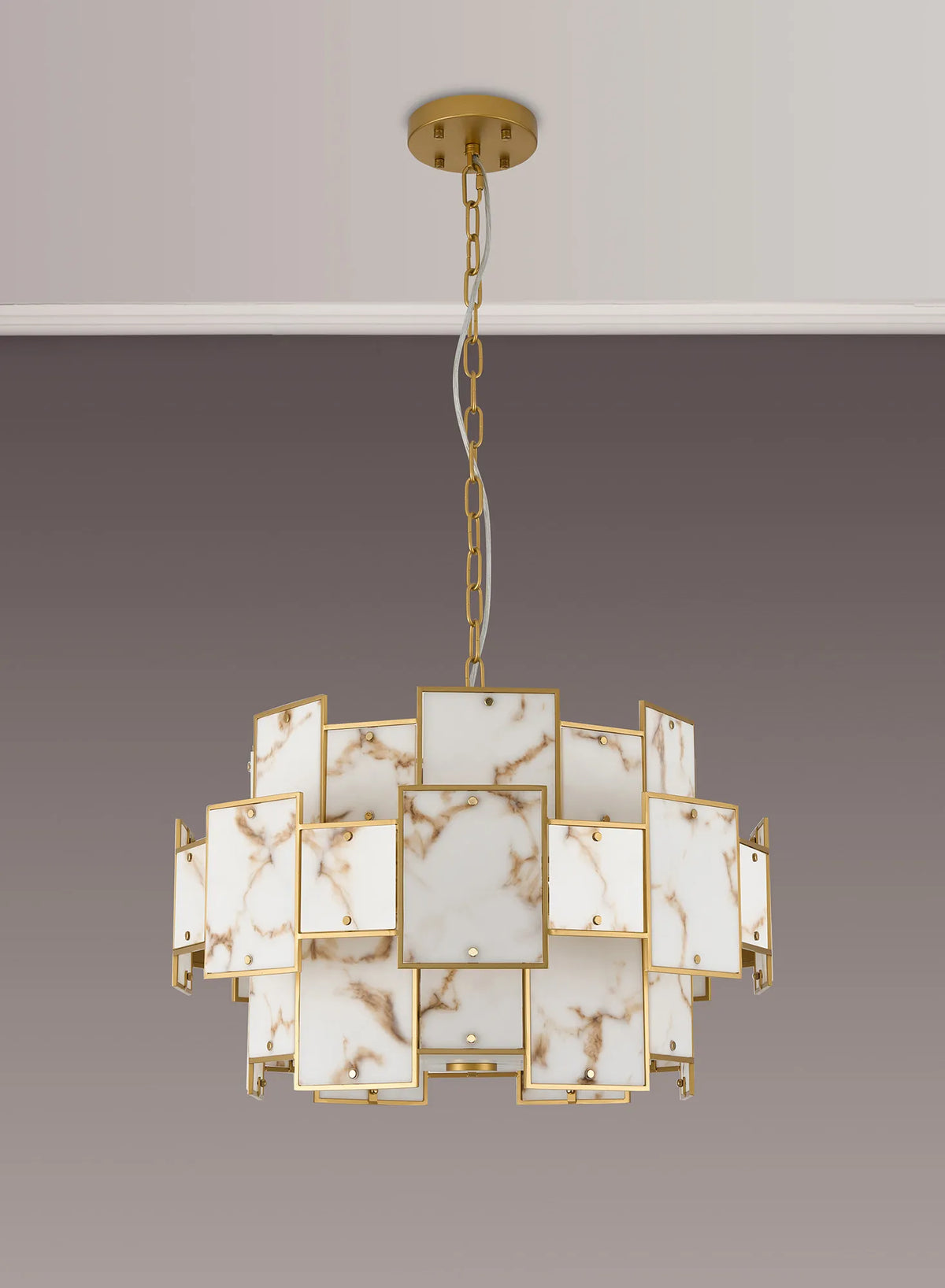 Fabula Wells Round /Semi Flush Faux Alabaster Pendant Light – Gold & Brown