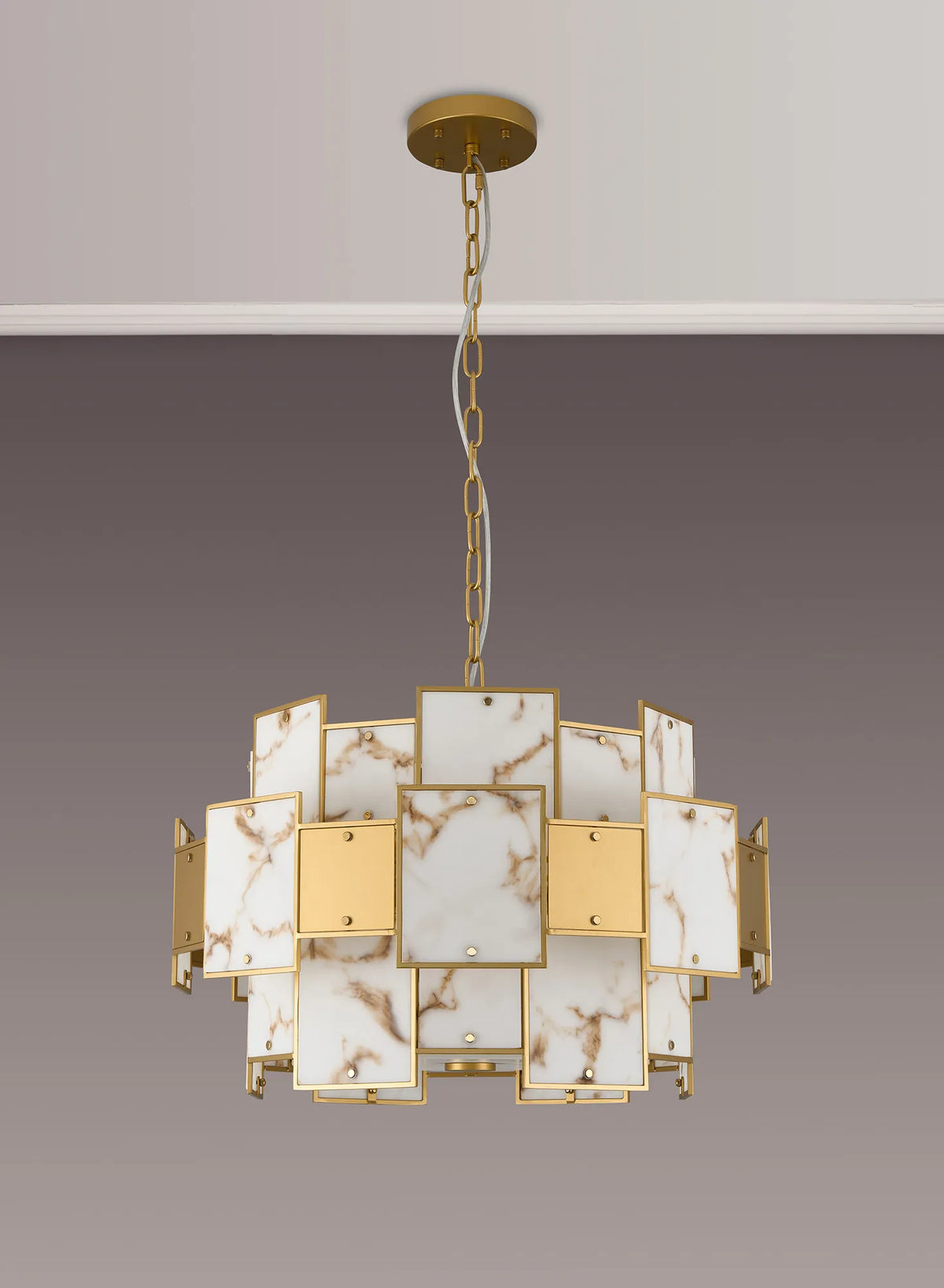 Fabula Wells Round /Semi Flush Faux Alabaster & Metal Pendant Light – Gold & Brown