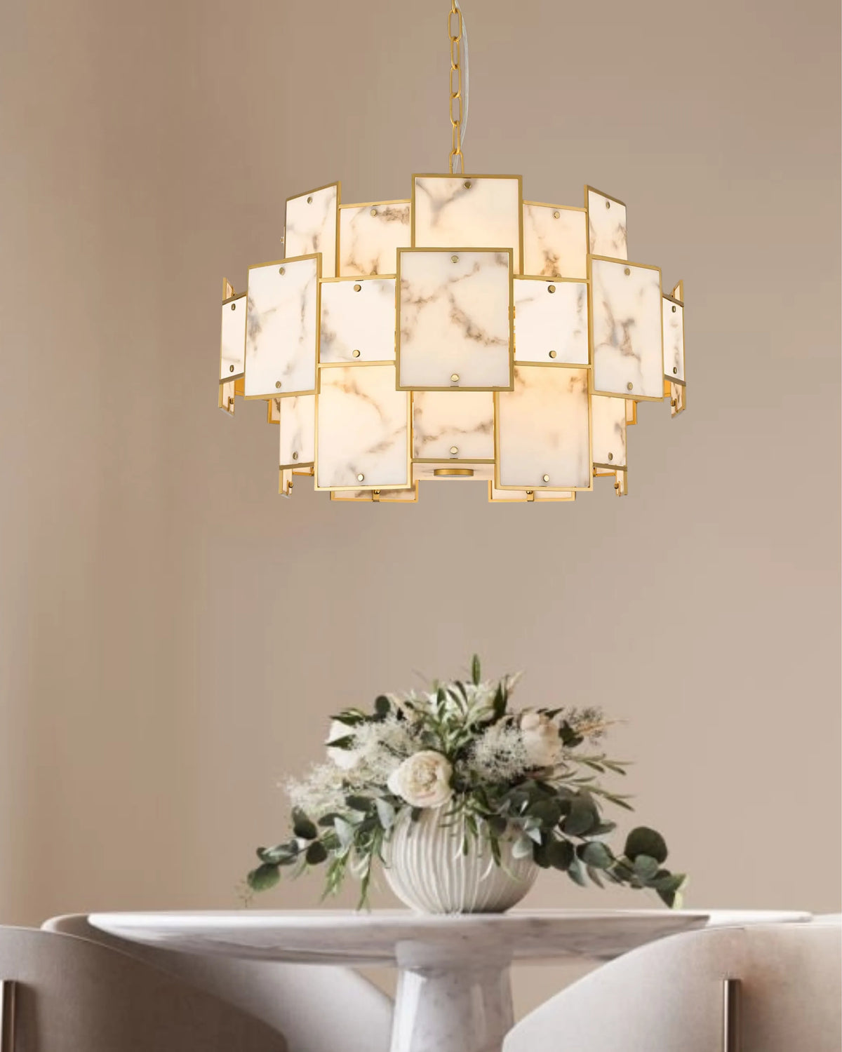Fabula Wells Round /Semi Flush Faux Alabaster Pendant Light – Gold & Grey