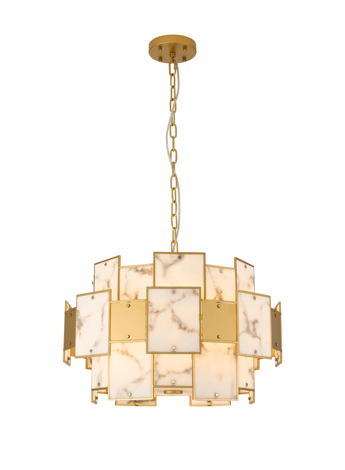 Fabula Wells Round /Semi Flush Faux Alabaster & Metal Pendant Light – Gold & Grey 59 cm