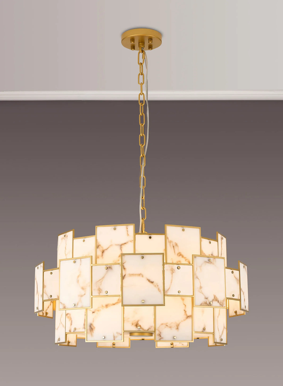 Fabula Wells Round /Semi Flush Faux Alabaster Pendant Light – Gold & Brown