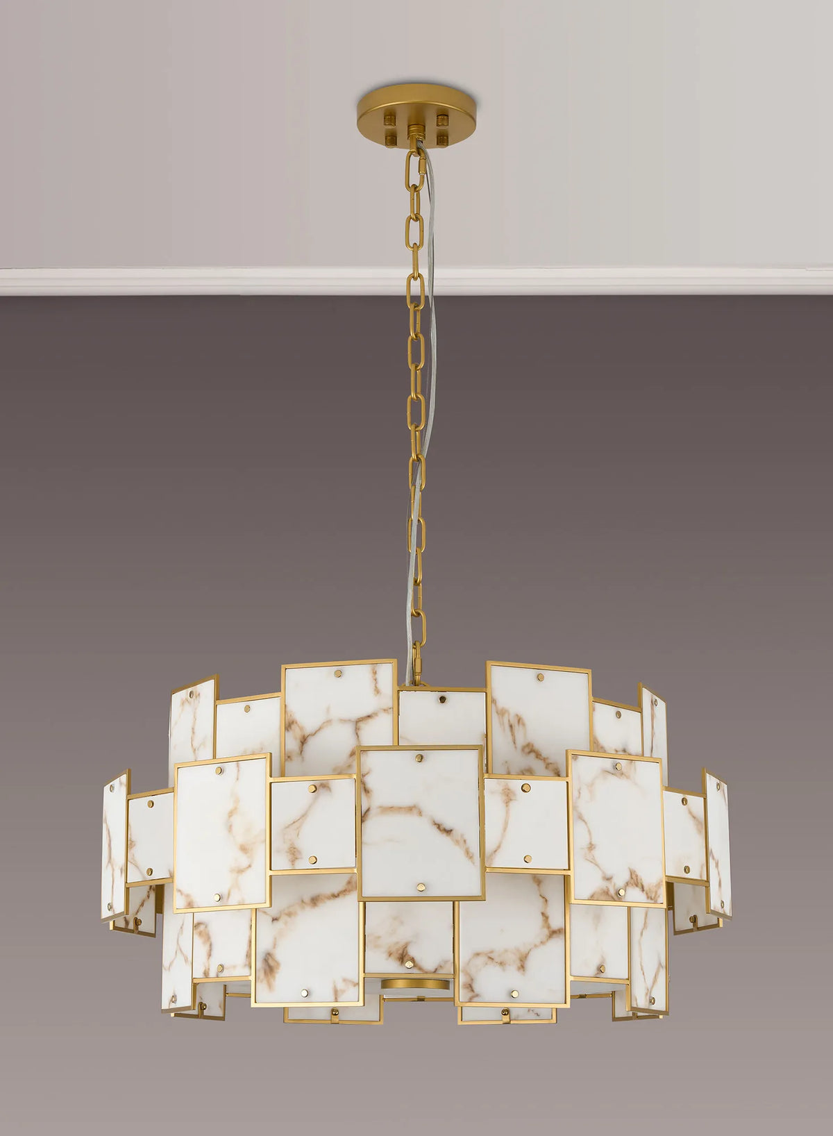 Fabula Wells Round /Semi Flush Faux Alabaster Pendant Light – Gold & Brown