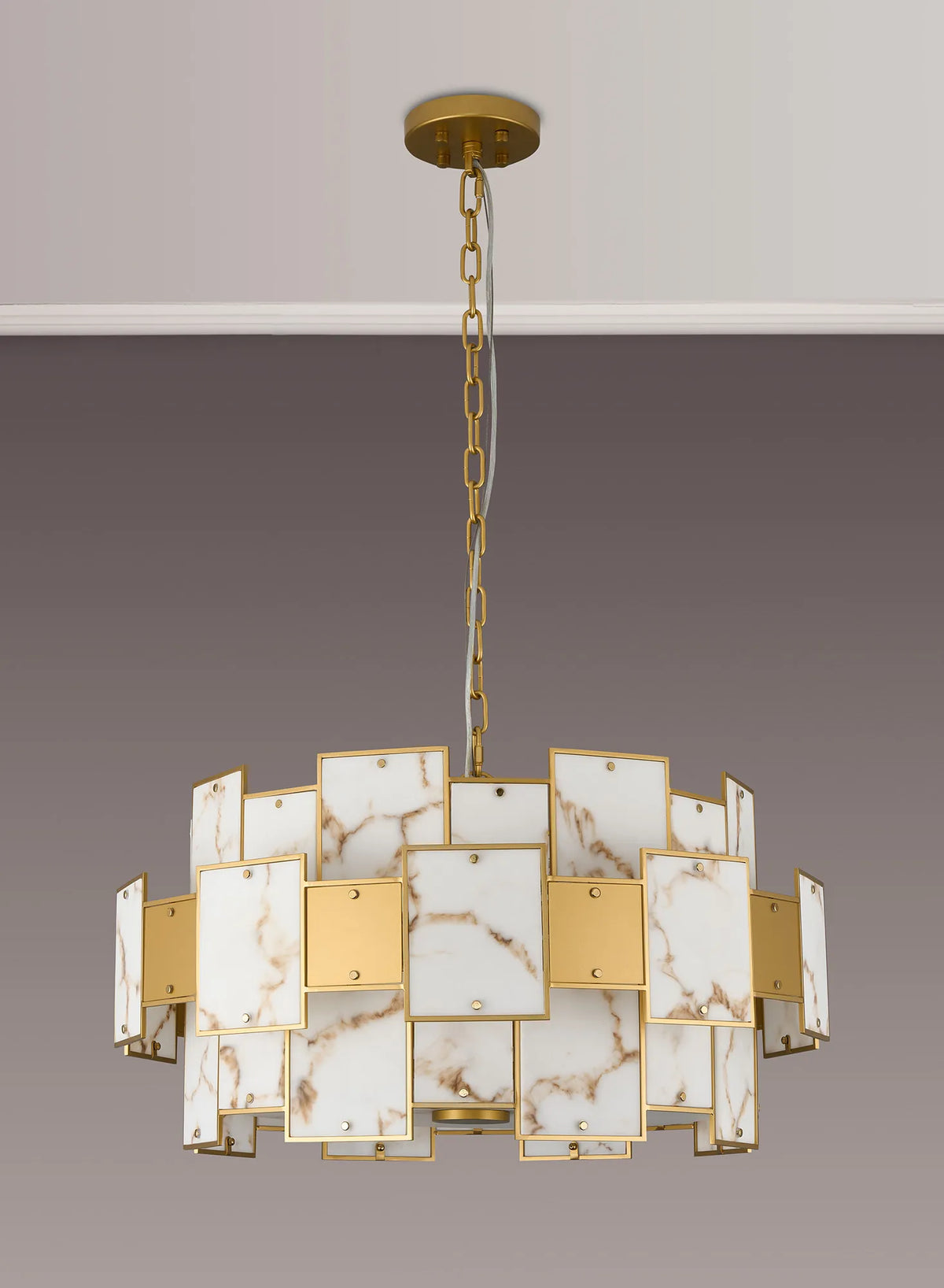 Fabula Wells Round /Semi Flush Faux Alabaster & Metal Pendant Light – Gold & Brown