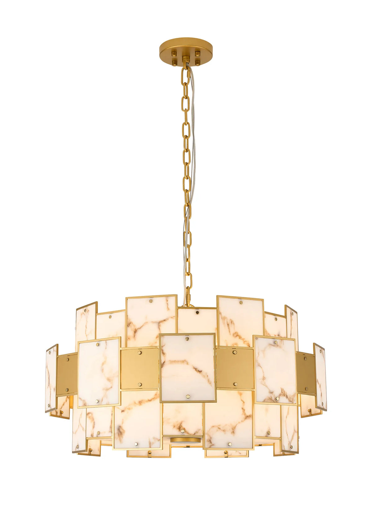 Fabula Wells Round /Semi Flush Faux Alabaster & Metal Pendant Light – Gold & Brown 74 cm