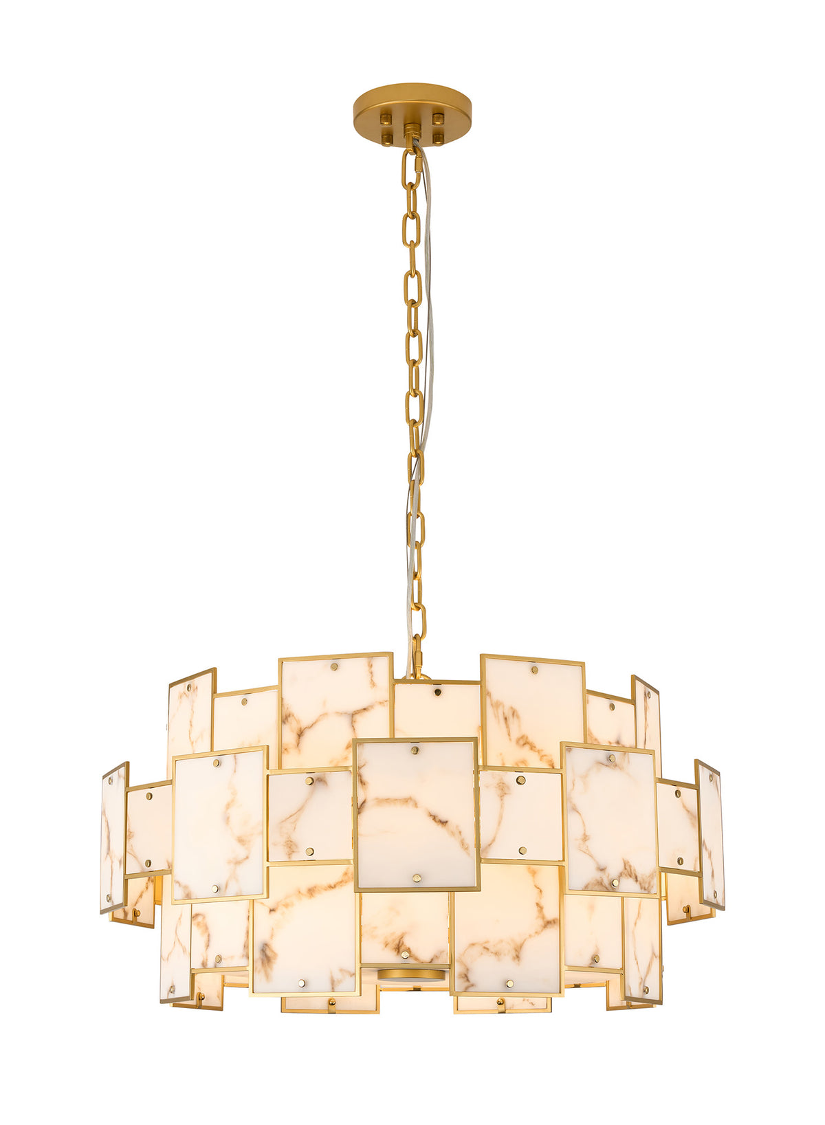 Fabula Wells Round /Semi Flush Faux Alabaster Pendant Light – Gold & Brown 74 cm