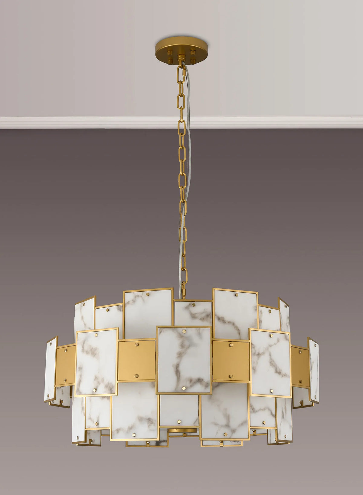 Fabula Wells Round /Semi Flush Faux Alabaster & Metal Pendant Light – Gold & Grey