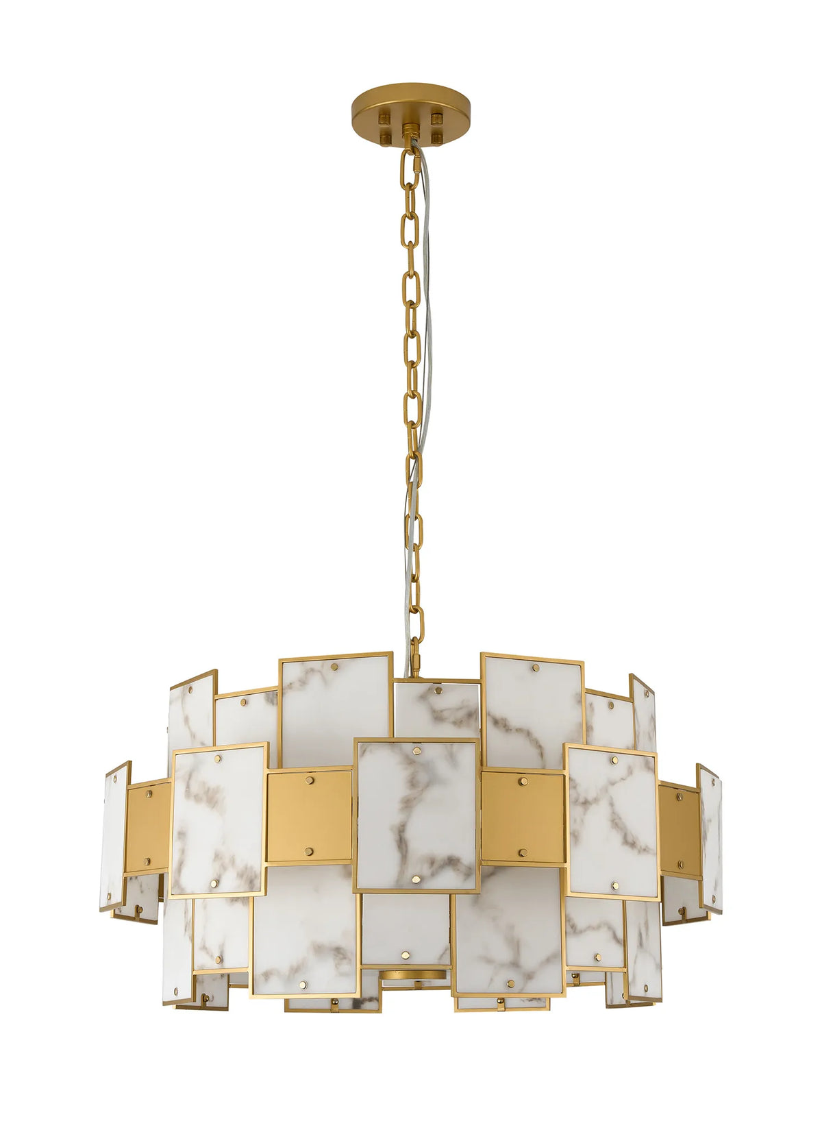 Fabula Wells Round /Semi Flush Faux Alabaster & Metal Pendant Light – Gold & Grey