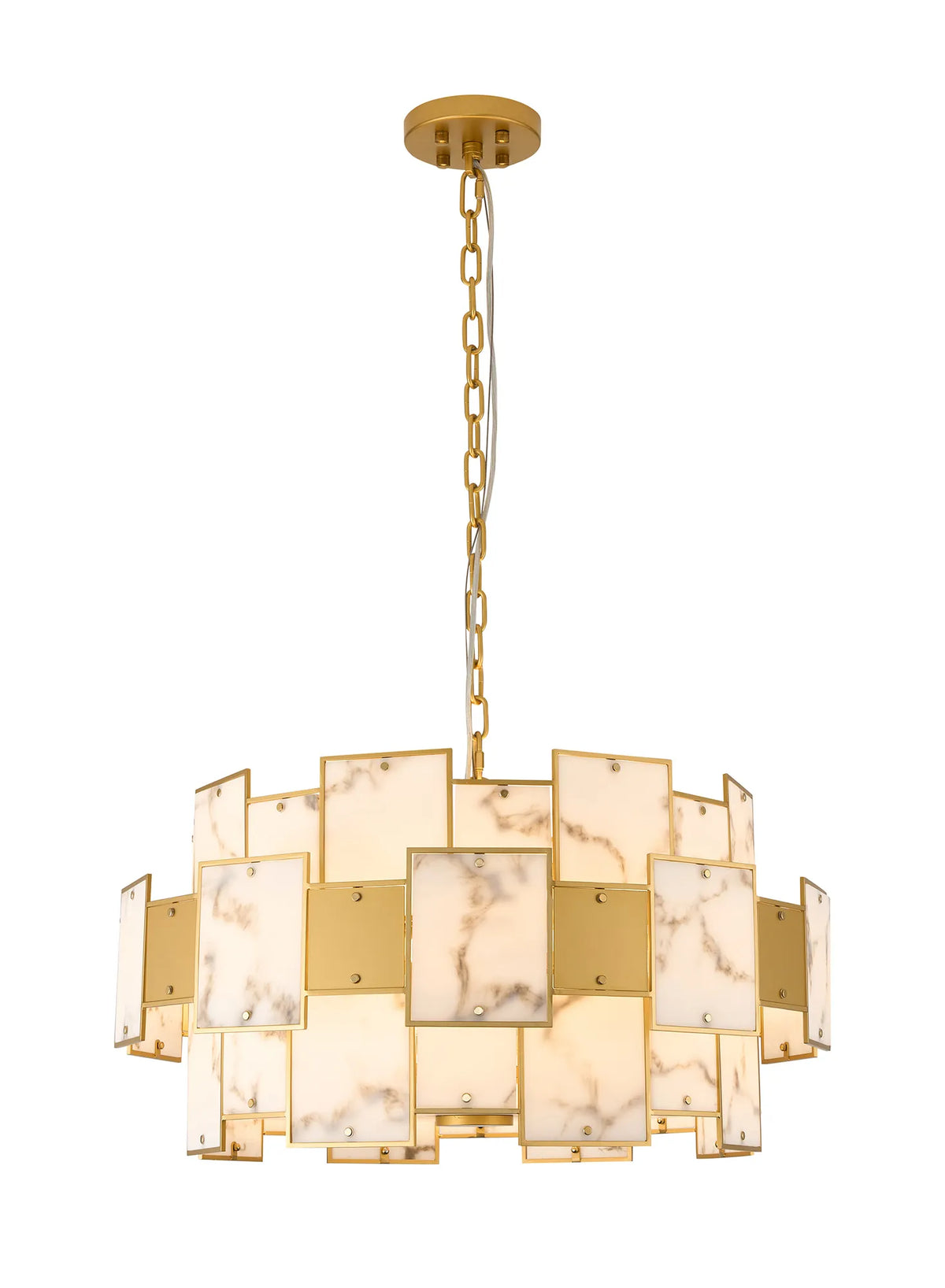 Fabula Wells Round /Semi Flush Faux Alabaster & Metal Pendant Light – Gold & Grey 74 cm