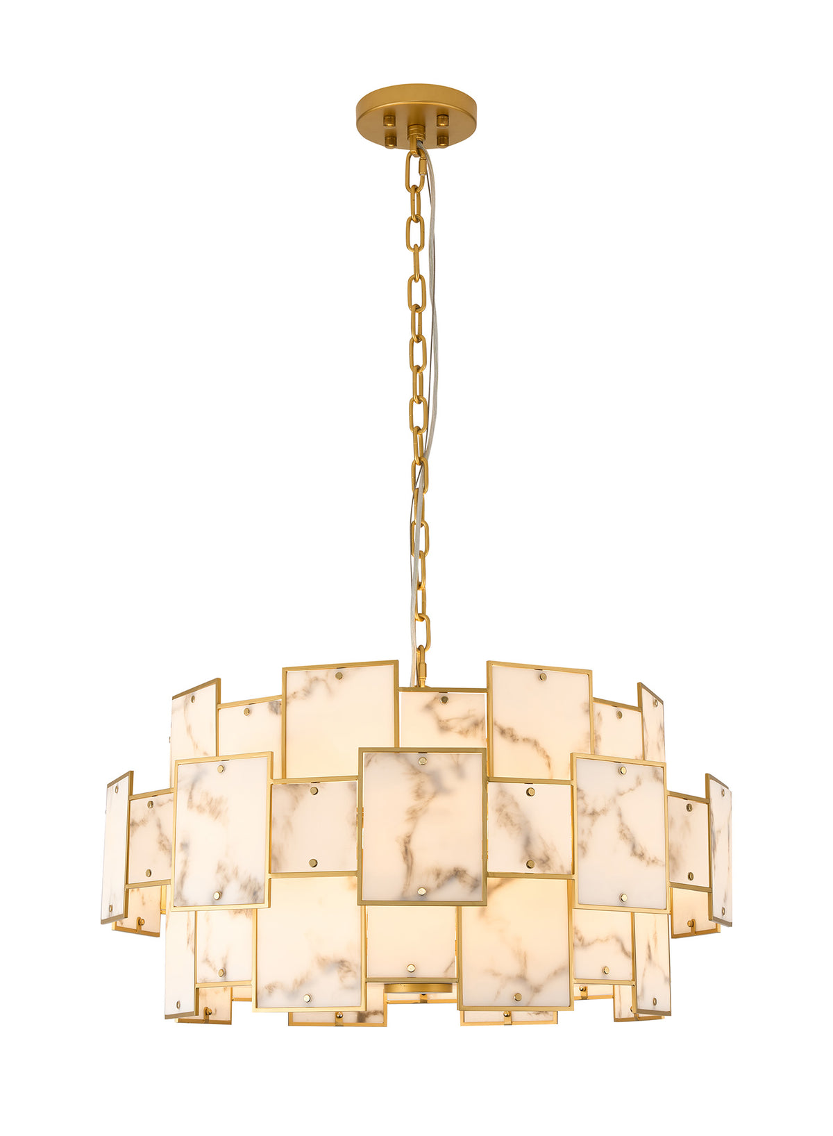 Fabula Wells Round /Semi Flush Faux Alabaster Pendant Light – Gold & Grey 74 cm